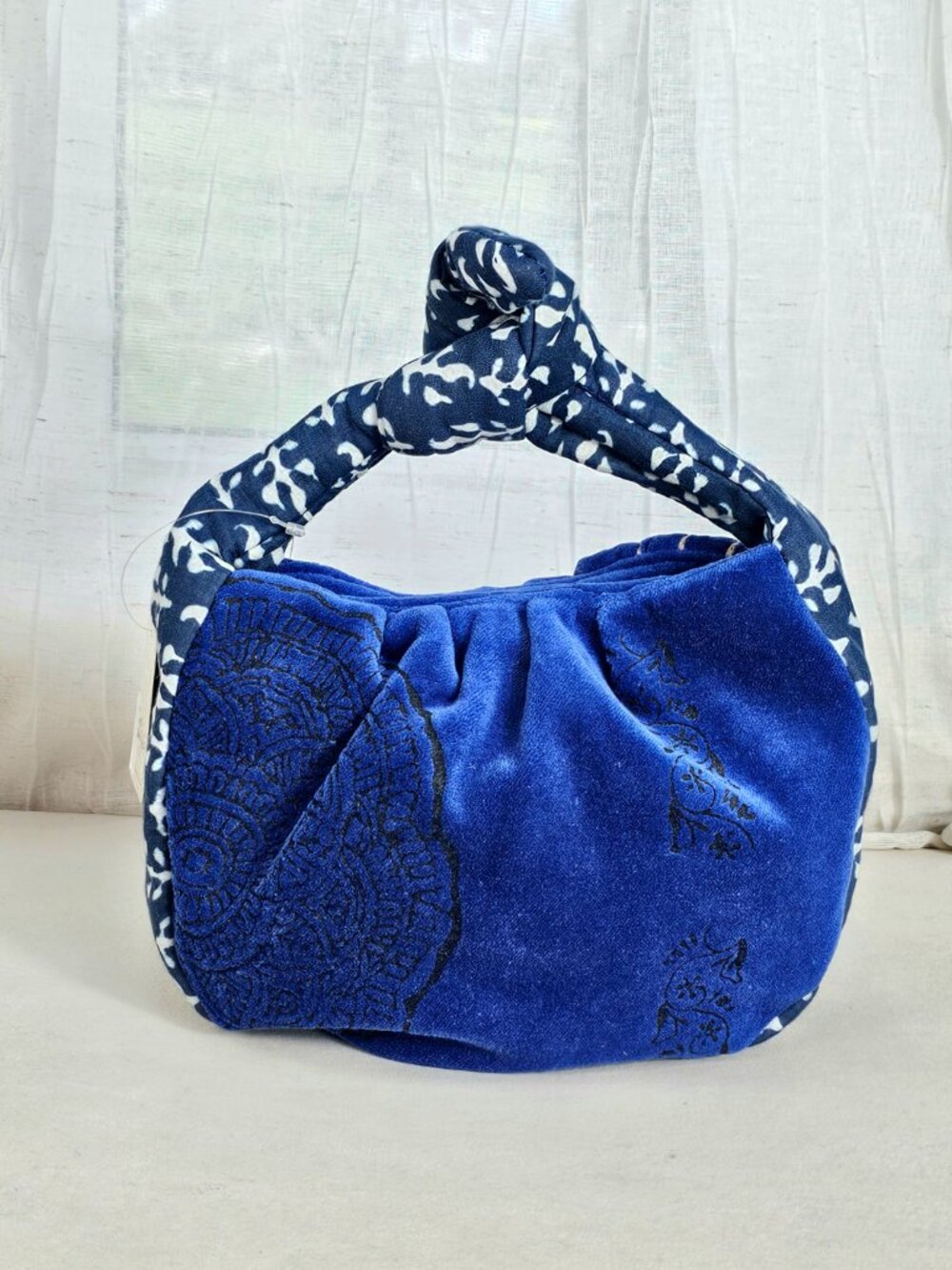 Free People Attia Velvet Bag Blue Embroidered Knot Handle NWT Boho Mini Hobo - Picture 4 of 15